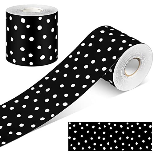 Zonon 65 Feet Bulletin Board Borders Black and White Polka Dots Striped Grid Borders Decorative Straight Scalloped Wavy Rolled Trim Classroom Back to School Decor(Black and White Painted Dots) - style: Black and White Painted Dots