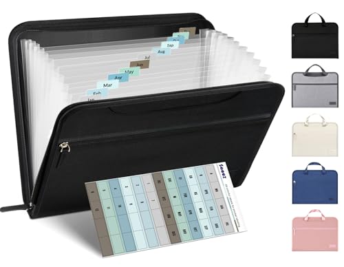 Sooez Heavy Duty Accordion File Organizer with Hidden Handle, Portable 12 Pockets Expanding File Folders, Cloth Monthly Bills Receipt Organizer for Letter/A4, School Classroom Home & Office Supplies - color: Black