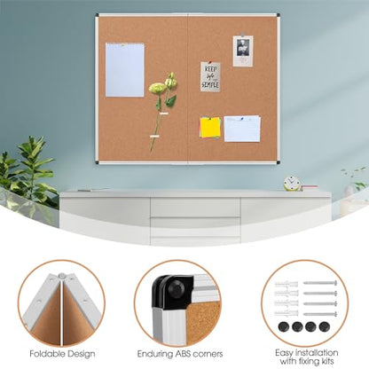 Extra Large Cork Bulletin Board 48" X 48", Foldable Notice Pin Board for Wall, Silver Aluminum Framed 4'x4' Corkboard, Wall Mounted Noticeboard with 36 Push Pins for School, Home & Office - size: 48" x 48"