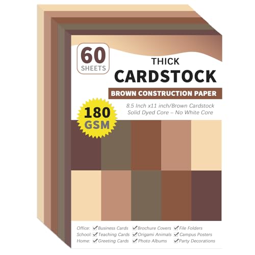 gisgfim 60 Sheets Colored Cardstock 8.5 X 11 Solid Dyed Core Brown Construction Paper Cardstock 5 Assorted Colors Card Stock Printer Scrapbook Paper 65lb/180gsm for Embossing Printing DIY Craft Arts - color: Brown, size: 8.5 X 11
