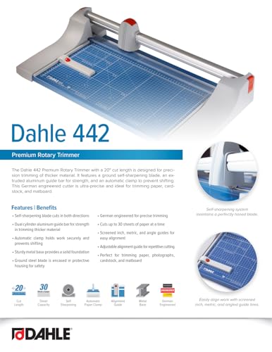 Dahle 442 Premium Rotary Trimmer, 20" Cut Length, 30 Sheet Capacity, Self-Sharpening, Automatic Clamp, German Engineered Paper Cutter - size: 20" Cut Length