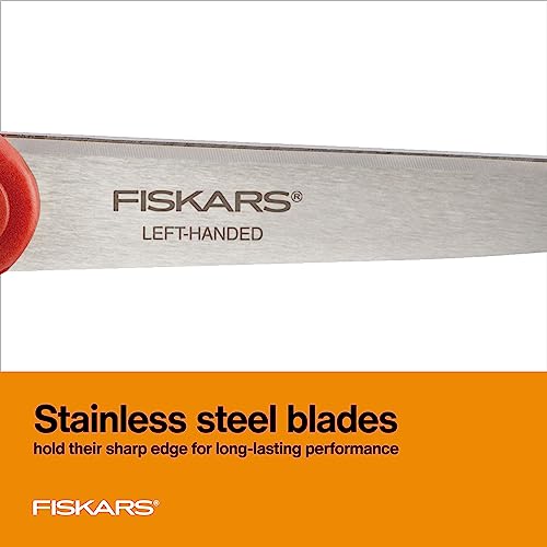 Fiskars Left-Handed Scissors, Precision Cutting for Craft Fabric Paper, Ergonomic Comfort Grip, Stainless Steel, 8", Red - style: Left-Handed