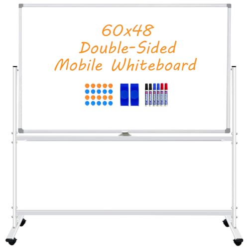 BSTPCOO Double Sided Rolling Whiteboard 60 x 48 inch, Large Mobile Whiteboard Magnetic Dry Erase Board Easel Standing Board on Wheels for Office, School, Home, 2 Eraser, 6 Markers, 20 Magnets - color: Silver, size: 60" x 48"