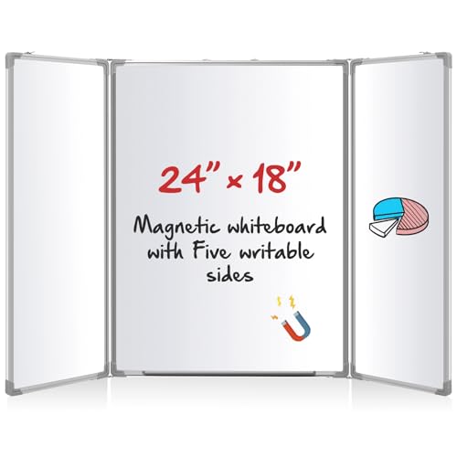 AmazingSpark 24” x 18” Foldable Whiteboard Dry Erase Board Large Tri Folding Whiteboard Magnetic Dry Erase Board, Wall Aluminium Frame and Pen Tray for Office, Home - size: 24”W x 18”H