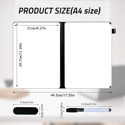 Portable Dry Erase Notebook White Board, Double Sided Folding Whiteboards with Pen and Erase, Small Dry Erase Board for Study, Meeting, Planning 12"x9" (A4), Anti-Ghosting, Black - color: Black