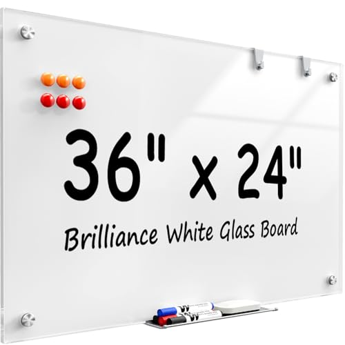 MaxGear Glass Whiteboard Wall Mounted, Frameless Magnetic Dry Erase Board, Tempered Glass, Steel-Backed, Non-Porous Smooth Surface, Floating Design, Accessories Included, for Office Home Classroom - color: Brilliance White, size: 36"W x 24"H