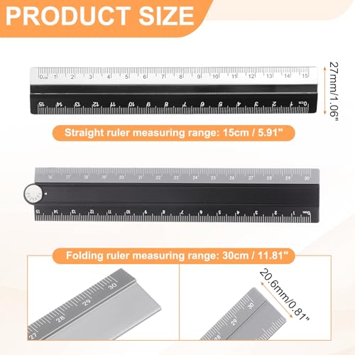 HARFINGTON Folding and Straight Ruler Kit 30/15cm Metric Aluminum Alloy Plastic Protractor Foldable Angle Ruler for Home Classroom Office, Black-Silver - color: Black-Silver