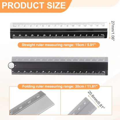 HARFINGTON Folding and Straight Ruler Kit 30/15cm Metric Aluminum Alloy Plastic Protractor Foldable Angle Ruler for Home Classroom Office, Black-Silver - color: Black-Silver