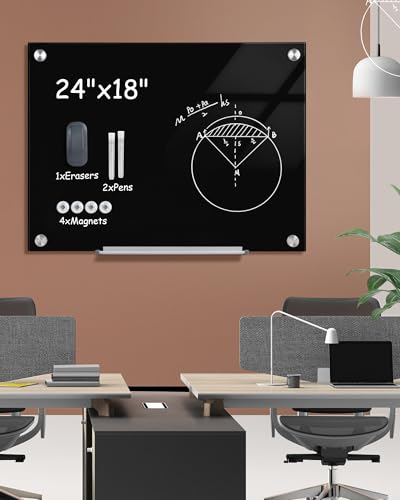 Mifuro Magnetic Glass Whiteboard，24"x18" Wall Mounted Frameless Dry Erase Board for Office, Home & School Black - color: Black, size: Size-24 x 18 inches