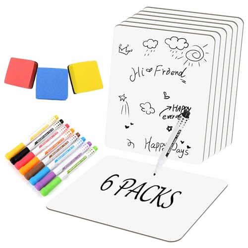 6 Pack Small White Board Dry Erase Classroom Pack Boards 9" x12” Personal Whiteboards for Teachers Lapboards Mini Whiteboard Erasers Included Colors pens - style: 6 white board