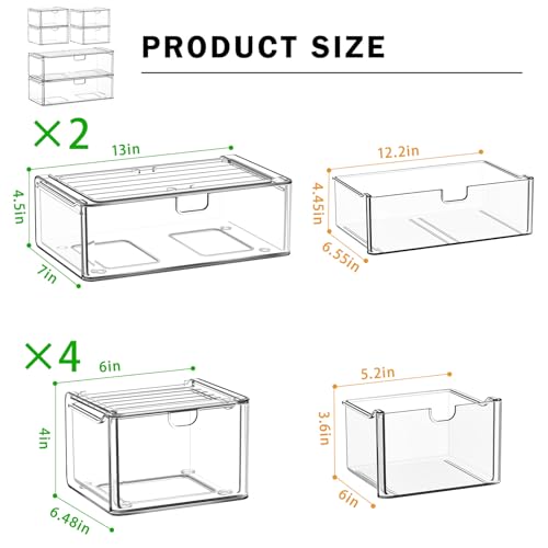 caktraie Acrylic Stackable Storage Drawers Set of 6, Clear Plastic Storage Drawer Organzier, Storage Organizer, Makeup Organizer,Ideal for Vanity, Bathroom,Cabinet,Pantry Organization - style: 2 Large+4 Medium Drawers