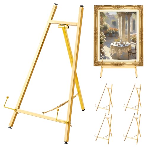 4 Pack Metal Easel Stand 16.5" H x 8.7" W x 4.3" D Table Top Easel Stand for Display Tripod Art Picture Mirror Modern Plate Holder for Display Photo, Book, Wedding Sign, Menu Board, Canvas (Gold) - style: 4Pcs Gold