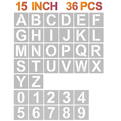 YEAJON 15 Inch Letter Stencils and Numbers, 36 Pcs Alphabet Art Craft Stencils, Reusable Plastic Templates for Wood, Wall, Fabric, Rock, Signage (15 Inch) - size: 15 Inch