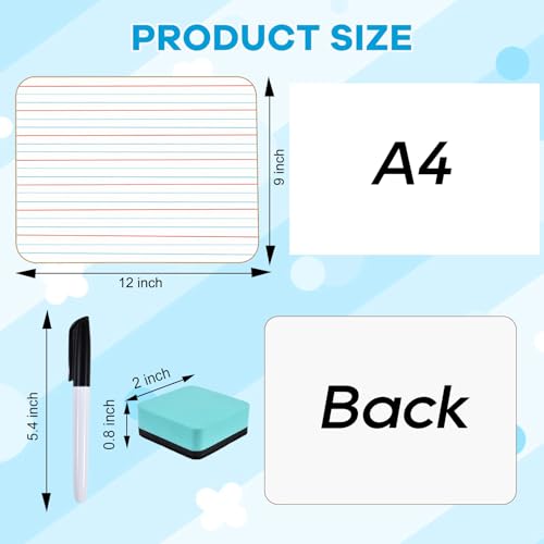 6 Pack Small White Board with Lines 9 x 12 Inch Double Sided Mini Dry Erase Board Classroom Pack Portable Dry Erase Lapboard for Kids Teacher Supplies with 6 Erasers and 6 Markers