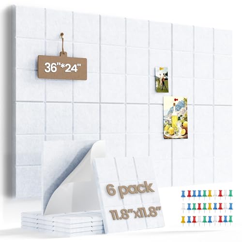 Large Cork Board Felt Board Tiles for Walls with 30 Push Pins, 11.8"x11.8" Pack of 6 Pin Board Notice Boards for Home Office Kitchen, Bulletin Board Wall Tiles for Photos Memos - color: White, size: 6 Pack