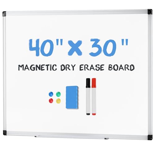 DUMOS Magnetic White Board Kit for Wall 40" x 30", Dry Erase Board with 1 Dry Eraser & 2 Multicolor Markers & 4 Magnetic Pins, Silver Reinforced Aluminum Frame for Home, School, Office - color: Silver White, size: 40"x30"