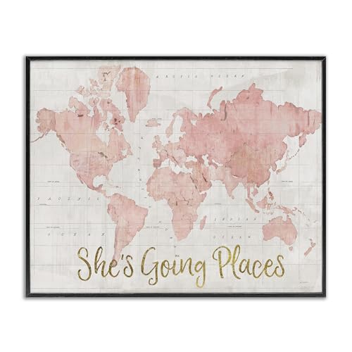 'Going Places Girl's Map'| Framed Giclee Art | Stupell Industries | Black, 30 x 24 Inches, Easy to Hang and Sturdy, Made in USA, by Sue Schlabach - color: Midnight Black (Textured), size: 30"L x 24"W, style: Framed Giclï¿½e (1.5"D)