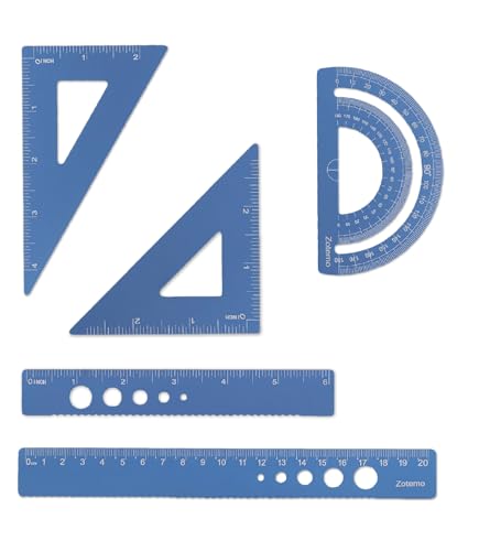 Metal Geometry Set, 5-Piece Aluminum Ruler, Math Drafting Ruler Kit Includes Protractor, Triangle Rulers, Straight Rulers-Math Measurement Tools for School and Office Supplies (Blue) - color: Blue