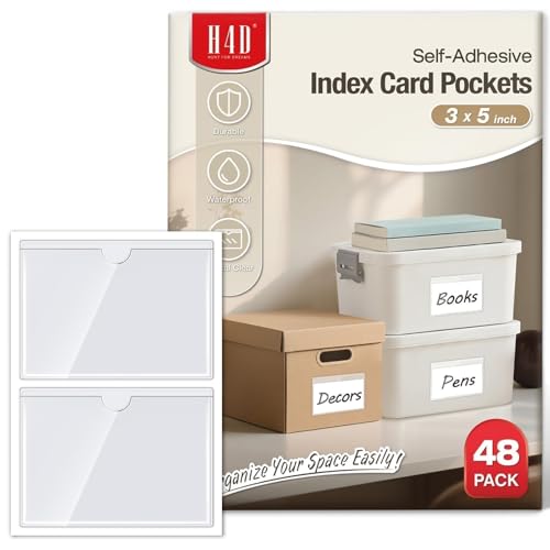 H4D 48 Pack Labels for Storage Bins, 3" x 5" Plastic Clear Adhesive Index Card Holders, Tote Label Pockets for Organizing Storage, Library Card, Shelves - size: 3" x 5", style: 48 Pack