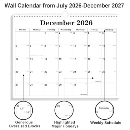 Calendar 2026-27 - Calendar 2026-2027 from July 2026 to December 2027, Spiral Binding Hanging Wall Calendar 2026 for Home/Office, 8.5" x 11", Black - color: Black, size: 8.5" x 11"