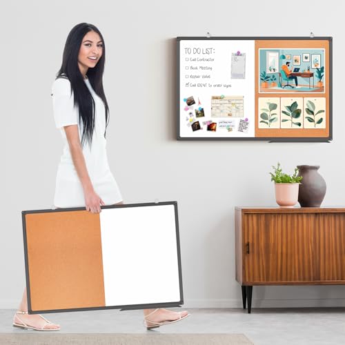Magnetic White Board and Cork Board Combo, 24 X 18 inches Whiteboard Bulletin Combination Board, Wall Mounted Dry Erase Message Board for Home, School and Office, Black - size: 24 x 18 inch Black