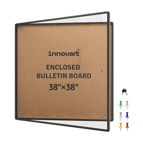 INNOVART 38”x38” Enclosed Bulletin Board, Weatherproof Enclosed Cork Board with Swing-Open Locking Door, Black Aluminum Frame Wall Mounted Display Case for Home, School, Office, Commercial - color: Black Frame Cork, size: 38" x 38"