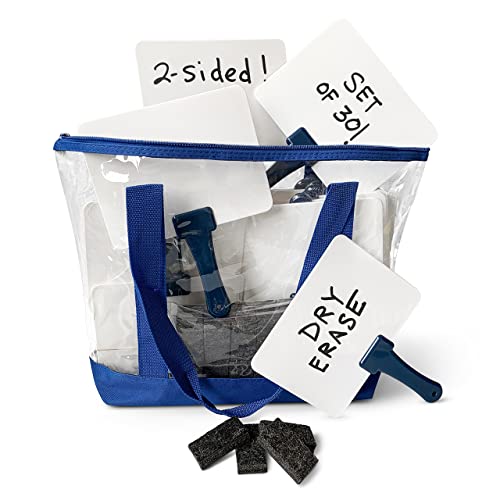Trainers Warehouse Deluxe Whiteboards Combo Set: 30 Two-Sided Dry-Erase Answer Boards with Tote Bag & Mini Erasers | Sturdy, Easy-to-Hold & Clean, Blue Handles (6" x 7.75") - size: 30 Boards - 6" x 7.75"