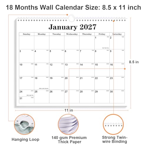 Calendar 2026-27 - Calendar 2026-2027 from July 2026 to December 2027, Spiral Binding Hanging Wall Calendar 2026 for Home/Office, 8.5" x 11", Black - color: Black, size: 8.5" x 11"