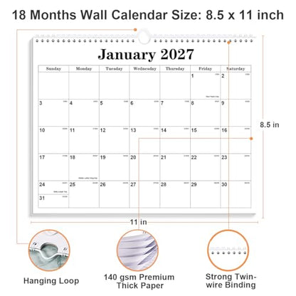 Calendar 2026-27 - Calendar 2026-2027 from July 2026 to December 2027, Spiral Binding Hanging Wall Calendar 2026 for Home/Office, 8.5" x 11", Black - color: Black, size: 8.5" x 11"
