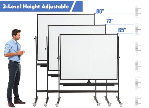 Large Magnetic Mobile Whiteboard 72"x48", Rolling Double Sided Stand Whiteboard on Wheels, Reversible Adjustable Height/Angle Dry Erase Board 6' x 4' Easel White Board for Office Classroom, Black - color: Black, size: 72"W x 48"H