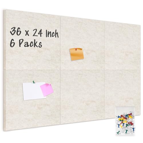 DOLLAR BOSS Felt Cork Board Tiles, 6 Pcs 12" x 12" Bulletin Board, Beige | 1/2" Thick, Self Adhesive, Acoustic Soundproof Panels for Walls, Includes 60 Pushpins, For Home Office Kitchen School - color: Beige, size: 6 PCS