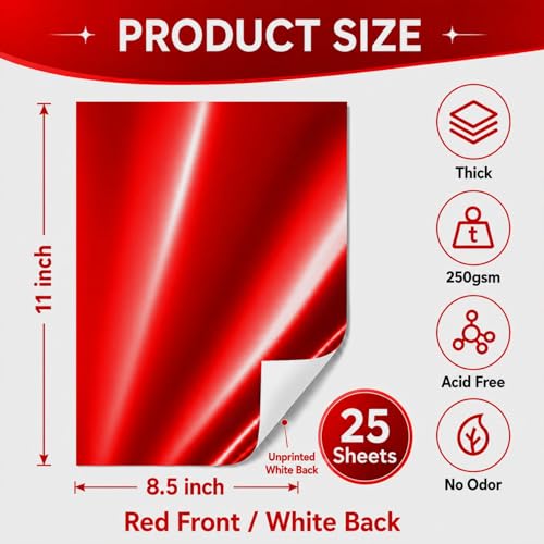 25 Sheets Metallic Cardstock Paper Cardstock 8.5 x 11 Shimmer Sheets 250gsm/92lb Heavyweight Scrapbook Paper (Red, 25 Sheets) - color: Red
