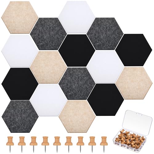 Mindsoft 6.7 x 5.9 in 16 Pcs Hexagon Cork Board Tiles with 50 Wooden Push Pins, Cork Boards for Wall, Felt DIY Tiles with Nano Tape, Pin Board for Office Classroom Home Photo Memo Note (Classic) - color: Classic, size: 6.7 x 5.9 in