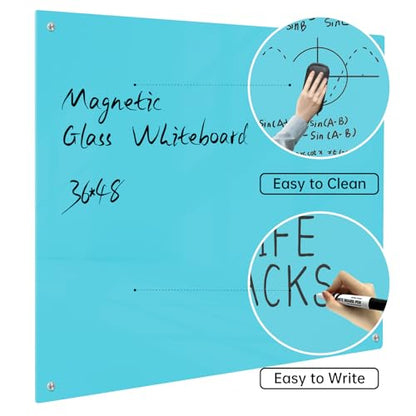 Magnetic Glass Dry Erase Board - White Board 48 x 36 Inch Wall Mounted Glass Whiteboard, Large Frameless Glass White Board for Wall Office, Home & School, Blue - color: Blue, size: 48"W x 36"H