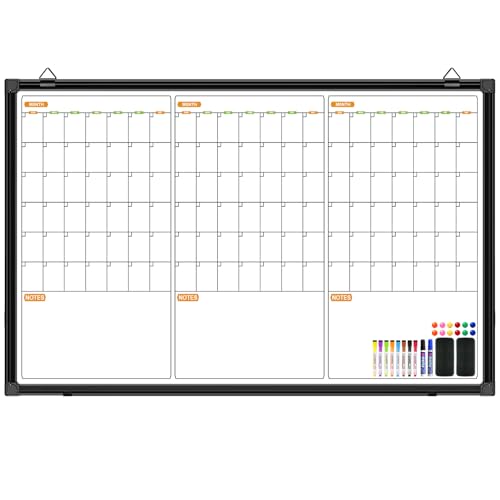 Quarterly Wall Calendar Whiteboard, 48" X 28" Magnetic Dry Erase Calendar for Wall, 3 Month Whiteboard Calendar for Wall with 2 Eraser, 10 Marker, 12 Magnet - color: Black, size: 48" x 28" - 3 Month