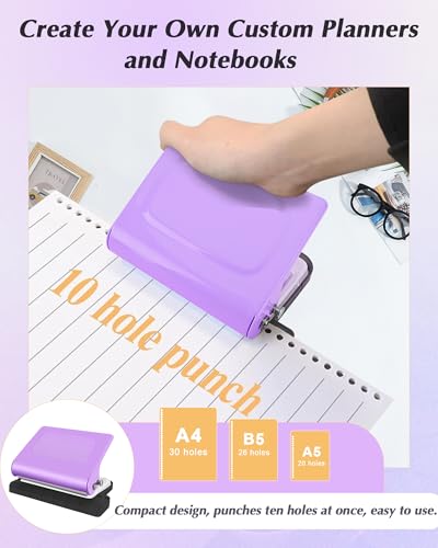 10 Hole Punch Binding Machine for Planners,Paper Puncher with Binder Rings,Punches Holes on B5,A4,A5 Paper,Metal Manual Binding System,Handheld Metal Circle Paper Puncher for Home Office Study,Purple