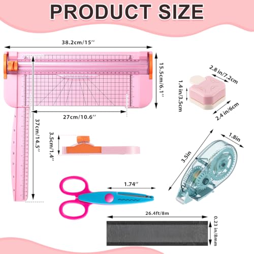 12 Pcs Scrapbook Supplies Kit - Pink Paper Trimmer, 3-in-1 Corner Rounder, 6 Decorative Scissors & 4 Double-Sided Tapes, Tools Set for Paper Craft Scrapbooking & Card Making