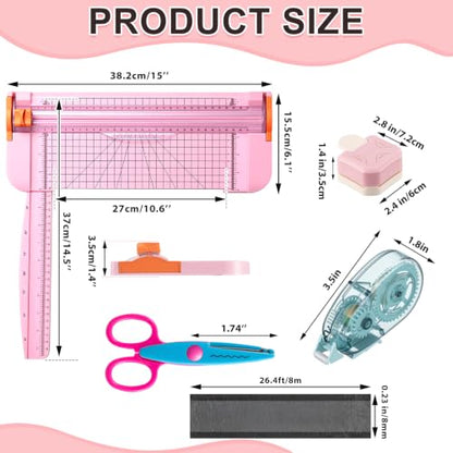 12 Pcs Scrapbook Supplies Kit - Pink Paper Trimmer, 3-in-1 Corner Rounder, 6 Decorative Scissors & 4 Double-Sided Tapes, Tools Set for Paper Craft Scrapbooking & Card Making