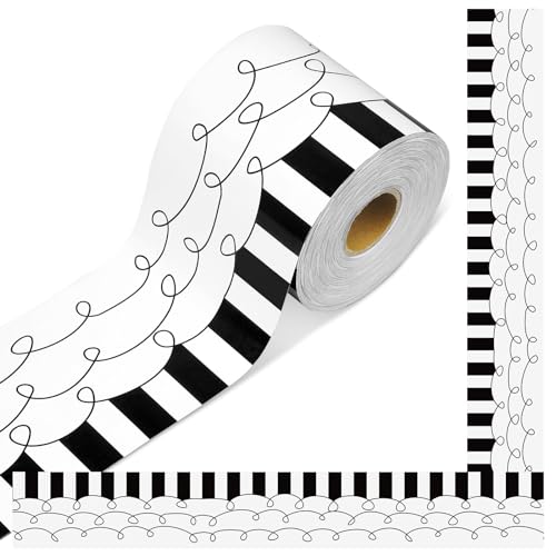 Kolldenn 68.9ft Black and White Bulletin Board Border Black White Squiggles and Stripes Classroom Borders Trim Rolled Die Cut for Bulletin Board Chalkboard School Teachers Wall Decor(Straight) - style: Straight