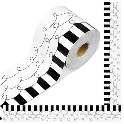 Kolldenn 68.9ft Black and White Bulletin Board Border Black White Squiggles and Stripes Classroom Borders Trim Rolled Die Cut for Bulletin Board Chalkboard School Teachers Wall Decor(Straight) - style: Straight