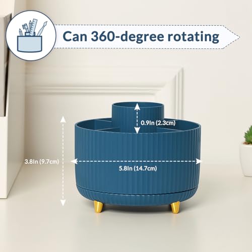 SKYDUE 360 Degree Rotating Desk Organizer, Dual-Purpose Pencil Pen Holder, Rotating Desk Pen Organizer with 5 Slots, Pencil Cup for Office, School, Home - color: Dark Blue