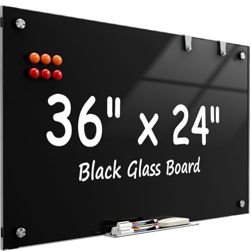 MaxGear Glass Whiteboard Wall Mounted, Frameless Magnetic Dry Erase Board, Tempered Glass, Steel-Backed, Non-Porous Smooth Surface, Floating Design, Accessories Included, for Office Home Classroom - color: Black, size: 36"W x 24"H