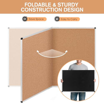 Extra Large Cork Bulletin Board 48" X 48", Foldable Notice Pin Board for Wall, Silver Aluminum Framed 4'x4' Corkboard, Wall Mounted Noticeboard with 36 Push Pins for School, Home & Office - size: 48" x 48"