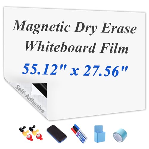Self-Adhesive Dry Erase Whiteboard Sticker, 55.12" x 27.56" Magnetic Receptive White Board Wall Film, No Ghosting, Easy Write & Clean | Peel & Stick for Office, Home & Classroom,Incl. Accessories - size: 55.12" x 27.56"