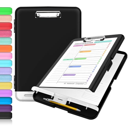 Sooez Clipboard with Storage, Clip Board 8.5 x 11 with Pen Holder, Plastic Organization Case Box for Letter Legal A4 Size Paper, Low Profile Clip, Nurses Teachers Must Haves, School & Office Supplies - color: Black