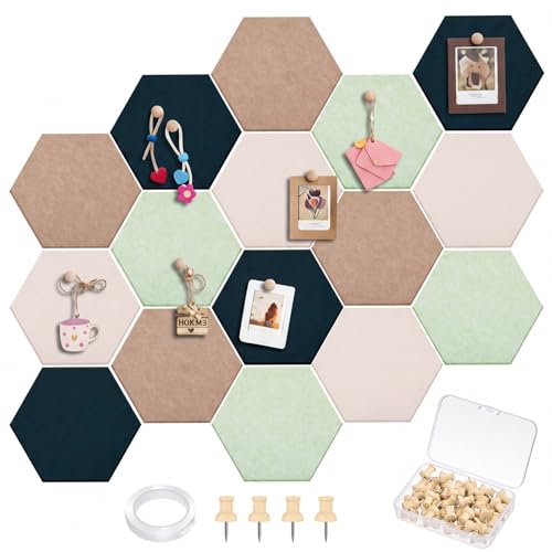 Mindsoft 12x10 in 16 Pcs Hexagon Cork Board Tiles with 50 Wooden Push Pins, Cork Boards for Wall, Felt DIY Tiles with Nano Tape, Pin Board for Office Classroom Home Photo Memo Note (Green) - color: Green, size: 12x10 in