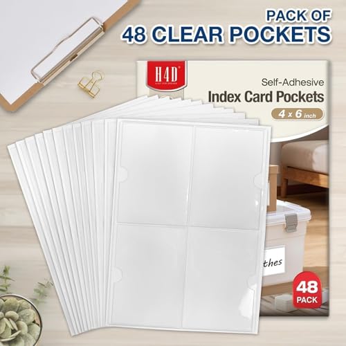 H4D 48 Pack Labels for Storage Bins, 4" x 6" Plastic Clear Adhesive Index Card Holders, Tote Label Pockets for Organizing Storage, Library Card, Shelves - size: 4" x 6", style: 48 Pack