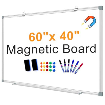 Large Magnetic Dry Erase Whiteboard, 60"X40" White Board for Wall with Long Pen Tray, Dry Erase White Board for Home Office Classroom