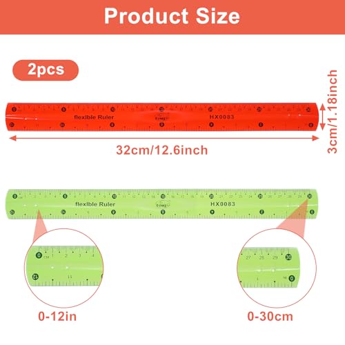 2 Pcs Flexible Ruler Set, 12 Inch Plastic Ruler Red and Green Bendable Measuring Tool for Office Home Drafting Tools