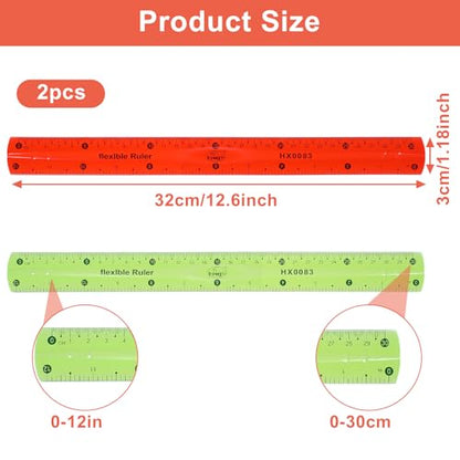 2 Pcs Flexible Ruler Set, 12 Inch Plastic Ruler Red and Green Bendable Measuring Tool for Office Home Drafting Tools